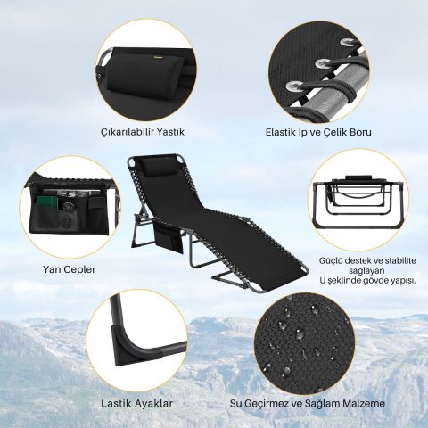 KingCamp Bavaria XL 5 Kademeli Katlanır Şezlong Black