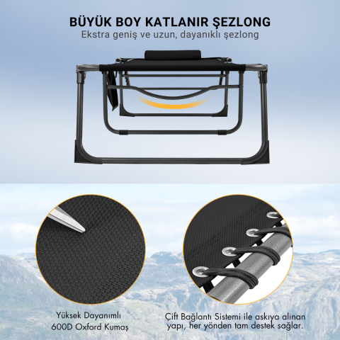 KingCamp Bavaria XL 5 Kademeli Katlanır Şezlong Black
