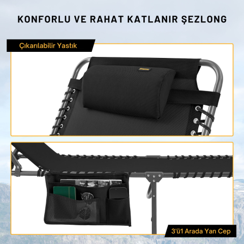 KingCamp Bavaria XL 5 Kademeli Katlanır Şezlong Black