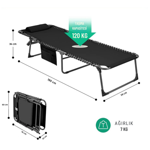KingCamp Hamburg Cool Plus 5 Kademeli Katlanır Şilteli Şezlong Black & Grey