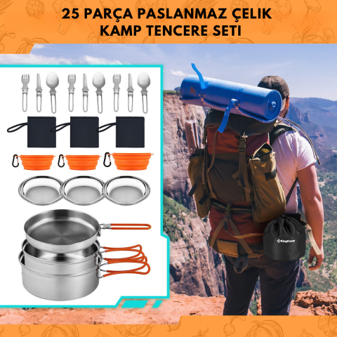 KingCamp Adventurer II Pro Paslanmaz Çelik Kamp Tencere Seti 25 Parça