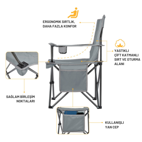 KingCamp Lotus Comfort Konforlu & Takviyeli Kamp Sandalyesi Grey