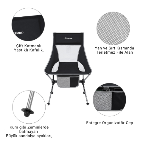 KingCamp Canna High Back Ultralight Katlanır Kamp Sandalyesi Black