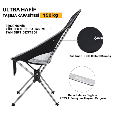 KingCamp Canna High Back Ultralight Katlanır Kamp Sandalyesi Black