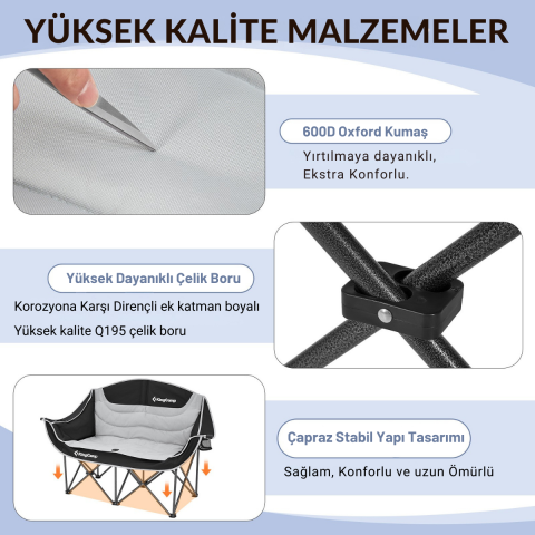 KingCamp Loveseat Double Çift Kişilik Katlanır Kamp Sandalyesi B.Grey