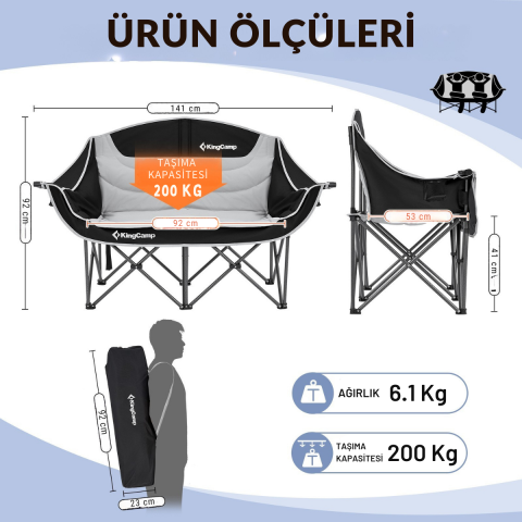 KingCamp Loveseat Double Çift Kişilik Katlanır Kamp Sandalyesi B.Grey