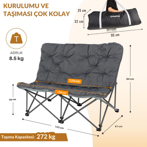KingCamp Lemon Lux Double Ultra Konforlu Çift Kişilik Kamp Sandalyesi Grey