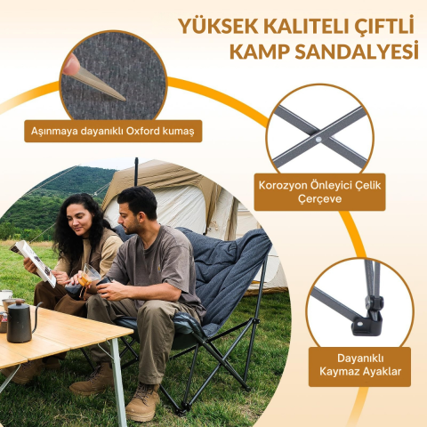 KingCamp Lemon Lux Double Ultra Konforlu Çift Kişilik Kamp Sandalyesi Grey