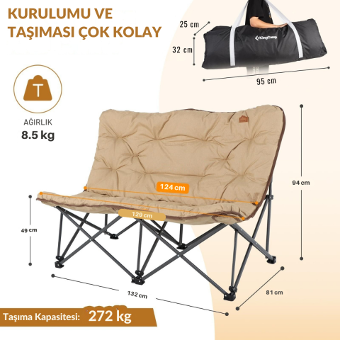 KingCamp Lemon Lux Double Ultra Konforlu Çift Kişilik Kamp Sandalyesi Khaki