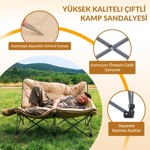 KingCamp Lemon Lux Double Ultra Konforlu Çift Kişilik Kamp Sandalyesi Khaki