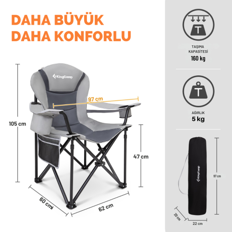 KingCamp Cedar Deluxe Ultra Bel Destekli Kamp Sandalyesi Grey