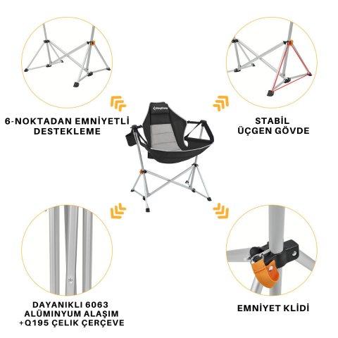 KingCamp Orchid Salıncaklı Katlanır Kamp Sandalyesi Black/Grey