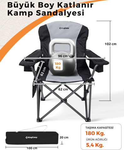 KingCamp Juniper Bel Destekli Ultra Konforlu XL Kamp Sandalyesi Blk/Grey