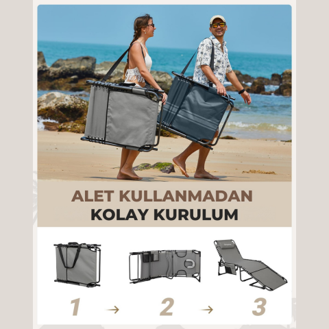 KingCamp Magnolia B10 Hands-Free Premium 7 Kademeli Katlanır Şezlong Grey