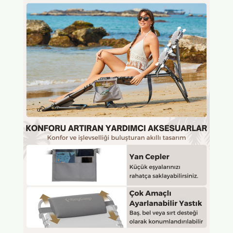 KingCamp Magnolia B10 Plus Hands-Free Premium 7 Kademeli Katlanır Şezlong Grey