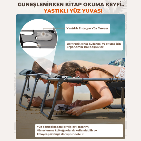 KingCamp Magnolia B10 Plus Hands-Free Premium 7 Kademeli Katlanır Şezlong Grey