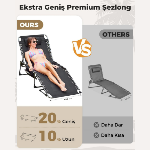 KingCamp Magnolia B20 Premium 7 Kademeli Katlanır Dolgulu Şezlong Black