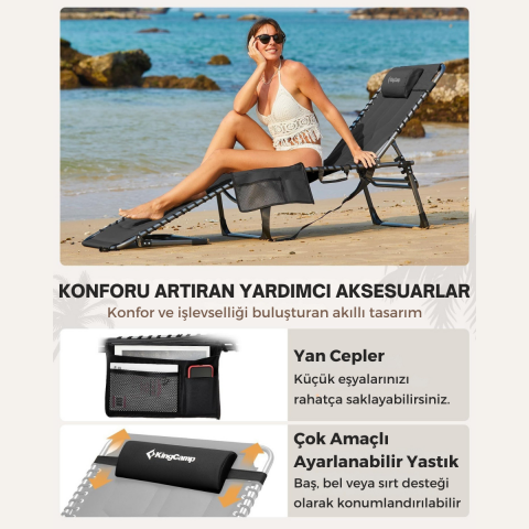 KingCamp Magnolia B20 Premium 7 Kademeli Katlanır Dolgulu Şezlong Black