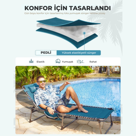 KingCamp Magnolia B20 Premium 7 Kademeli Katlanır Dolgulu Şezlong Blue