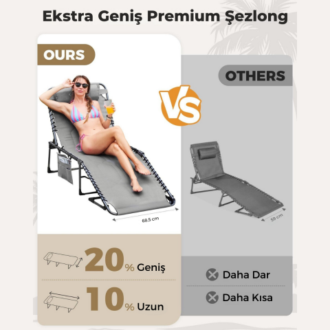 KingCamp Magnolia B20 Premium 7 Kademeli Katlanır Dolgulu Şezlong Grey