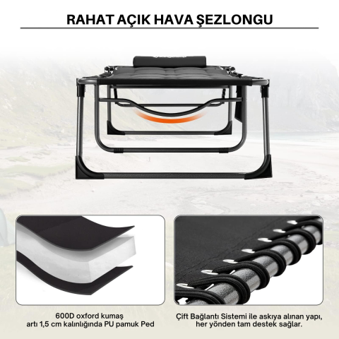 KingCamp Bavaria Cozy Premium 5 Kademeli Katlanır Şezlong Black