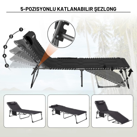 KingCamp Bavaria Cozy Premium 5 Kademeli Katlanır Şezlong Black