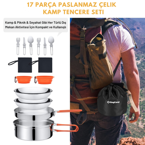 KingCamp Adventurer I Pro Paslanmaz Çelik Kamp Tencere Seti 17 Parça