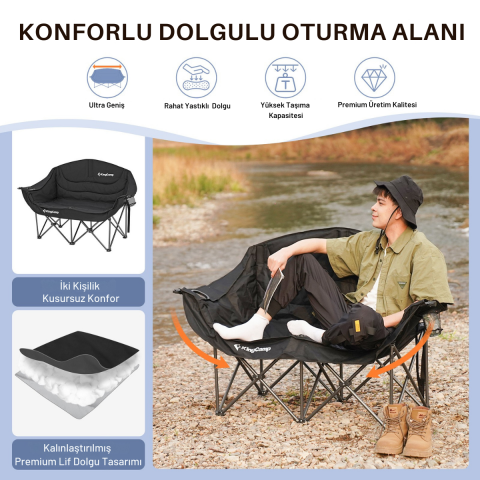 KingCamp Loveseat Double Çift Kişilik Katlanır Kamp Sandalyesi Black