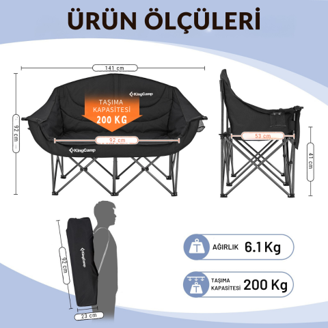 KingCamp Loveseat Double Çift Kişilik Katlanır Kamp Sandalyesi Black
