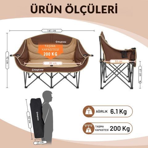 KingCamp Loveseat Double Çift Kişilik Katlanır Kamp Sandalyesi Coffee