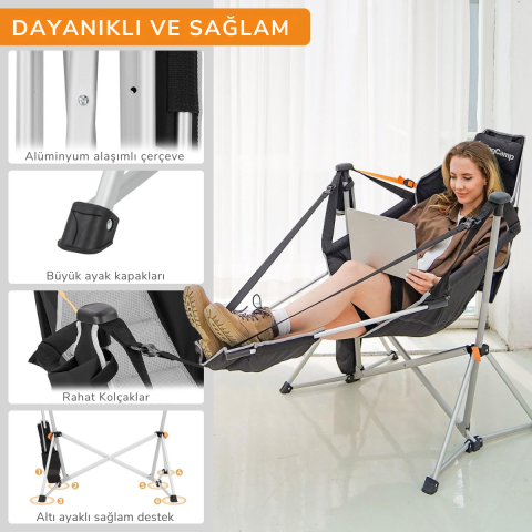KingCamp Orchid Lux Ayak Dayamalı & Salıncaklı Hamak Kamp Sandalyesi Bl/Grey