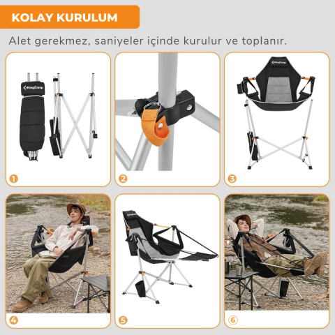 KingCamp Orchid Lux Ayak Dayamalı & Salıncaklı Hamak Kamp Sandalyesi Bl/Grey