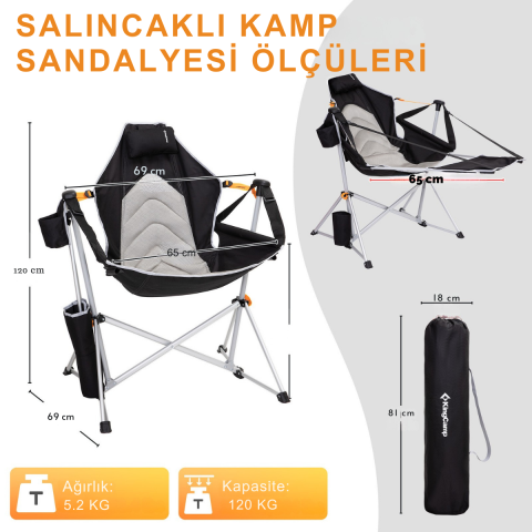 KingCamp Orchid Lux Ayak Dayamalı & Salıncaklı Hamak Kamp Sandalyesi Bl/Grey