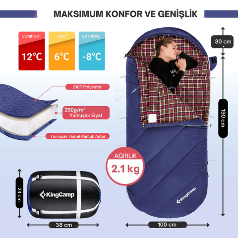 KingCamp FreeSpace 250 Relax -8°C Geniş Uyku Tulumu Navy Sol F.