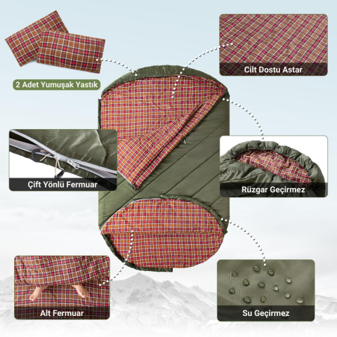 KingCamp FreeSpace 250-D Çift Kişilik Yastıklı Uyku Tulumu Olive