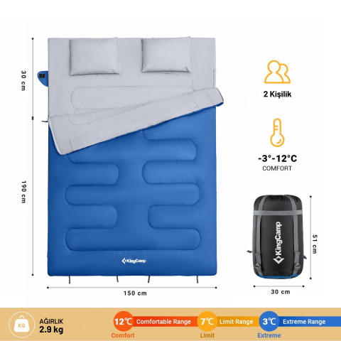 KingCamp Oxygen 250-D Çift Kişilik Yastıklı Uyku Tulumu Blue