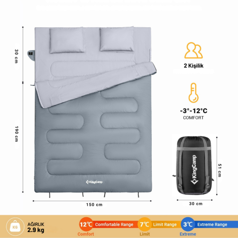 KingCamp Oxygen 250-D Çift Kişilik Yastıklı Uyku Tulumu M.Grey