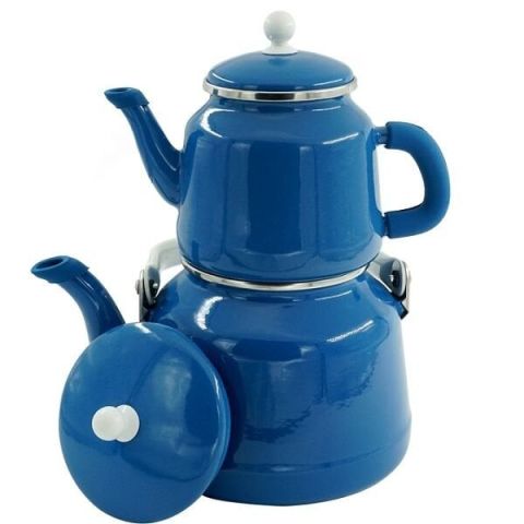 Orcamp Retro Emaye Çaydanlık Demlik Takım Mavi