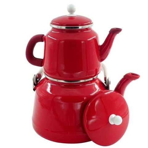 Orcamp Retro Emaye Çaydanlık Demlik Takım Kırmızı