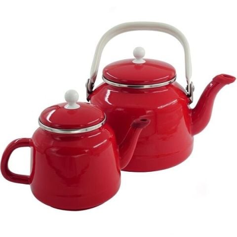 Orcamp Retro Emaye Çaydanlık Demlik Takım Kırmızı