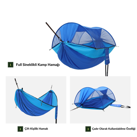 KingCamp Multi-function 3 ü 1 Arada Çift Kişilik Cibinlikli Hamak Blue
