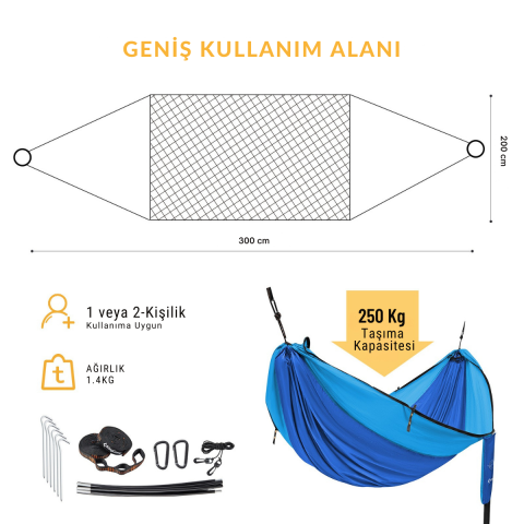 KingCamp Multi-function 3 ü 1 Arada Çift Kişilik Cibinlikli Hamak Blue