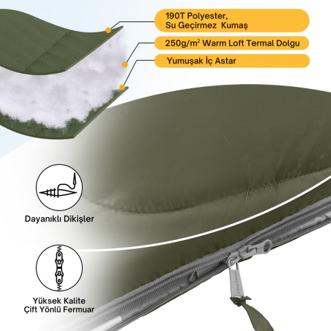 KingCamp Oasis 250 Ultralight Uyku Tulumu Olive Sol F.