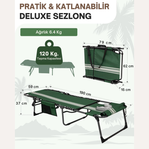 KingCamp Magnolia B10 Hands-Free Premium 7 Kademeli Katlanır Şezlong Green/Wht