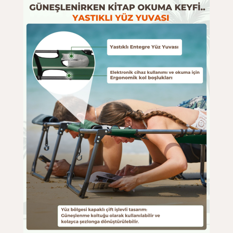 KingCamp Magnolia B10 Hands-Free Premium 7 Kademeli Katlanır Şezlong Green/Wht