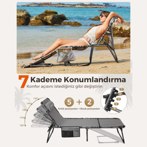 KingCamp Magnolia B10 Hands-Free Premium 7 Kademeli Katlanır Şezlong Grey
