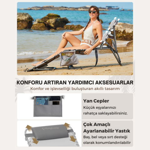 KingCamp Magnolia B10 Hands-Free Premium 7 Kademeli Katlanır Şezlong Grey