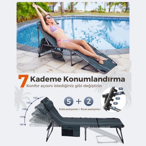 KingCamp Magnolia B10 Plus Hands-Free Premium 7 Kademeli Katlanır Şezlong Blue/Grey