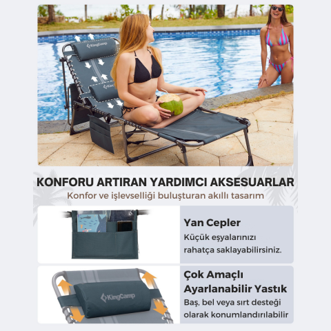 KingCamp Magnolia B10 Plus Hands-Free Premium 7 Kademeli Katlanır Şezlong Blue/Grey