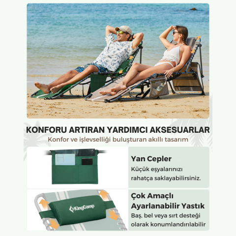 KingCamp Magnolia B10 Plus Hands-Free Premium 7 Kademeli Katlanır Şezlong Green/White